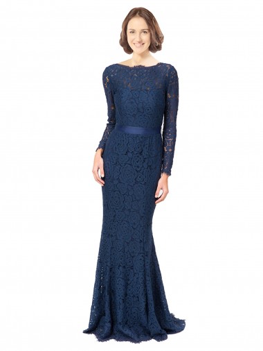 Acheter Bleu marine foncé Sirène Col bijou Balayage train Dentelle Longue Robes demoiselle d'honneur