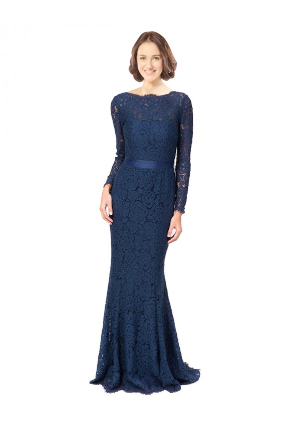 Acheter Bleu marine foncé Sirène Col bijou Balayage train Dentelle Longue Robes demoiselle d'honneur