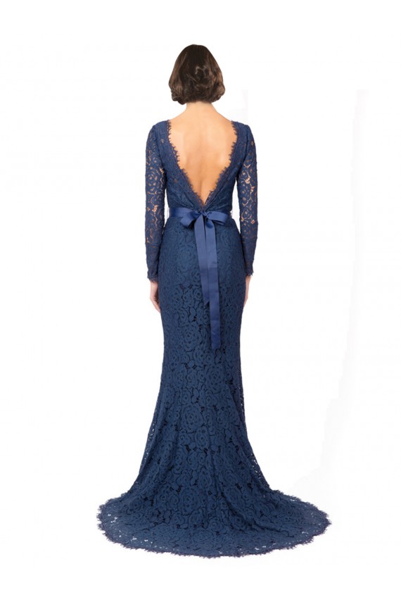 Acheter Bleu marine foncé Sirène Col bijou Balayage train Dentelle Longue Robes demoiselle d'honneur