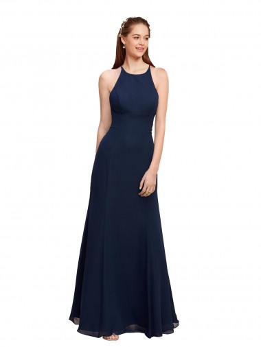 Acheter Bleu marine foncé Sirène Licou Col Haut Mousseline Longue Robes demoiselle d'honneur / Robes de bal