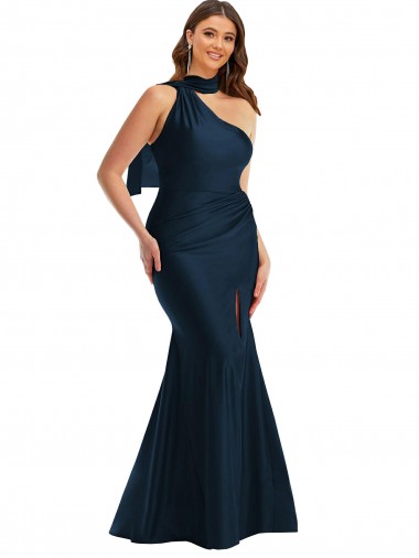 Acheter Bleu marine foncé Sirène Licou Satiné Soyeux Longue Formelles Robes demoiselle d'honneur / Robes de soirée / Robes de bal