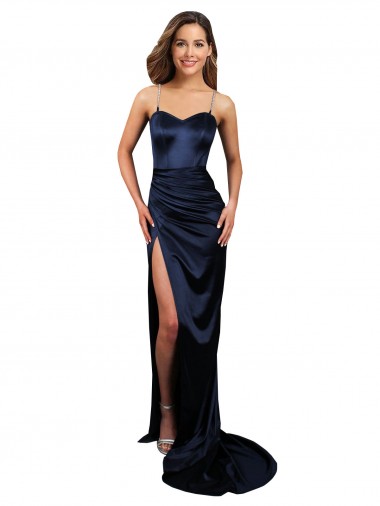Acheter Bleu marine foncé Sirène Satiné Stretch Longue Formelles Robes demoiselle d'honneur / Robes de soirée / Robes de bal