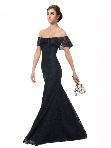 Acheter Bleu marine foncé Sirène Épaule Dénudée Dentelle Longue Robes demoiselle d'honneur / Robes de bal
