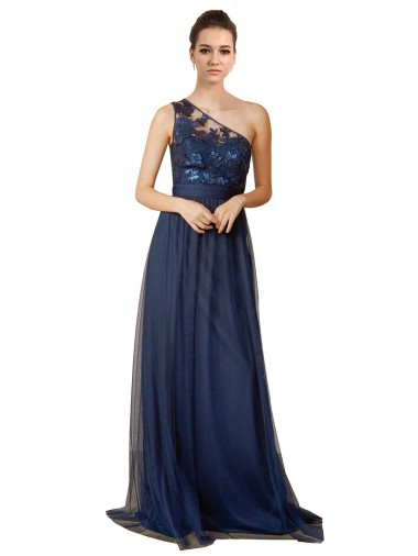 Acheter Bleu marine foncé Trapèze Balayage train Tulle Longue Robes demoiselle d'honneur
