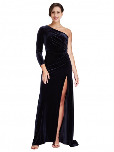 Acheter Bleu marine foncé Trapèze Balayage train Velours Stretch Longue Formelles Robes demoiselle d'honneur / Robes de soirée / Robes de bal