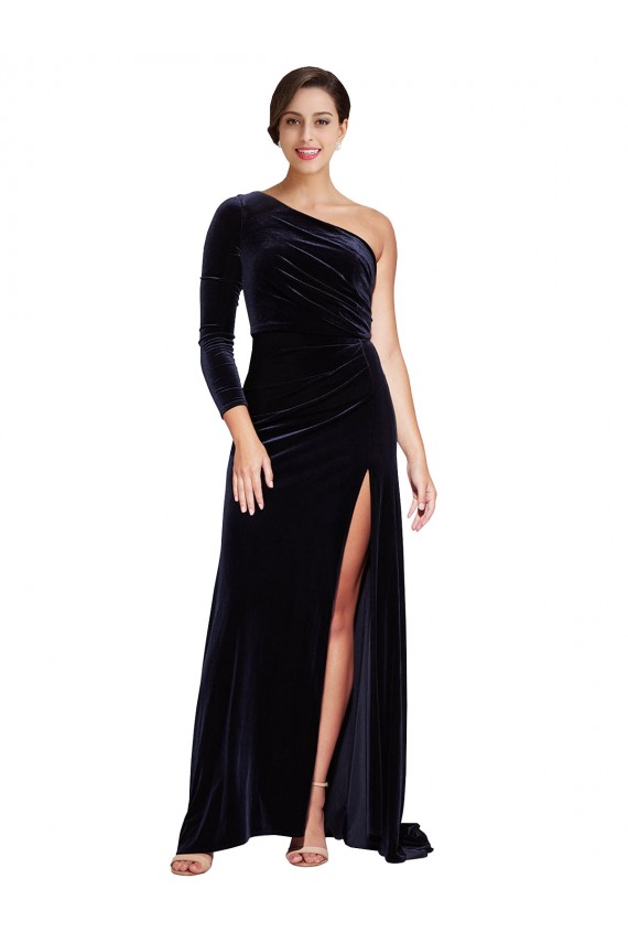 Acheter Bleu marine foncé Trapèze Balayage train Velours Stretch Longue Formelles Robes demoiselle d'honneur / Robes de soirée / Robes de bal