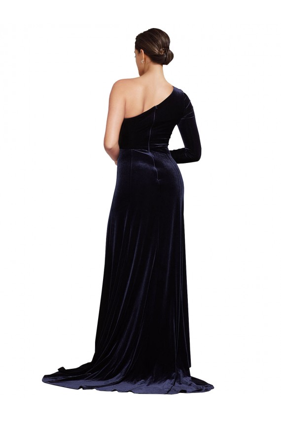 Acheter Bleu marine foncé Trapèze Balayage train Velours Stretch Longue Formelles Robes demoiselle d'honneur / Robes de soirée / Robes de bal