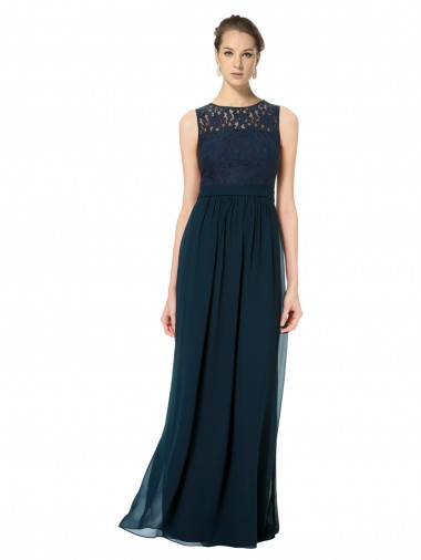 Acheter Bleu marine foncé Trapèze Bateau Illusion Mousseline Dentelle Longue Robes demoiselle d'honneur