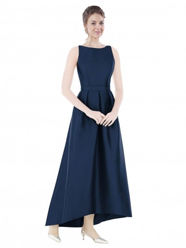 Acheter Bleu marine foncé Trapèze Bateau Satiné Longue Asymétrique Robes demoiselle d'honneur