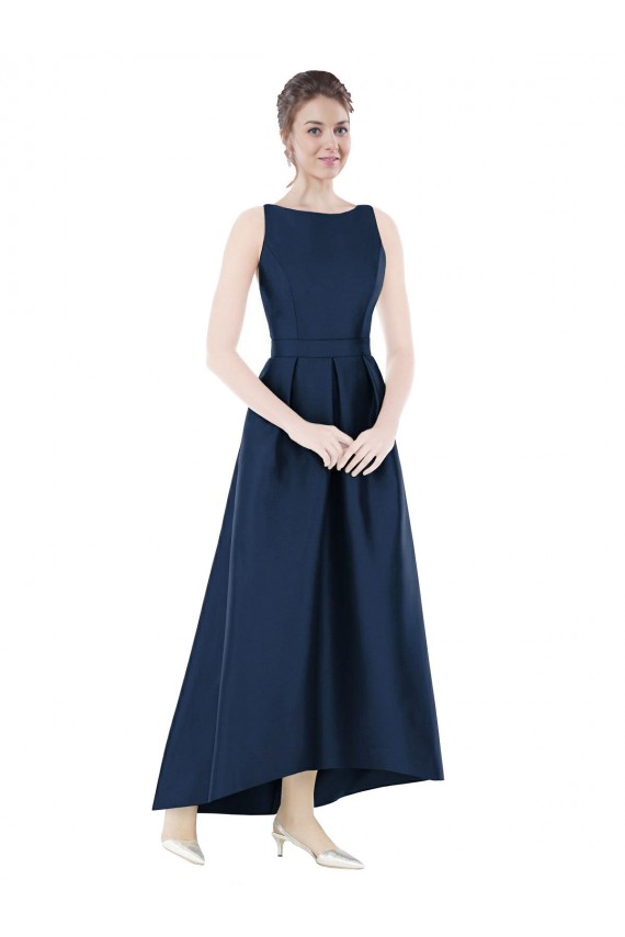 Acheter Bleu marine foncé Trapèze Bateau Satiné Longue Asymétrique Robes demoiselle d'honneur