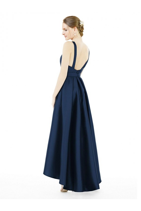 Acheter Bleu marine foncé Trapèze Bateau Satiné Longue Asymétrique Robes demoiselle d'honneur