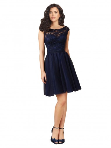 Acheter Bleu marine foncé Trapèze Bateau Tulle Dentelle Courte Robes demoiselle d'honneur / Robes de cocktail
