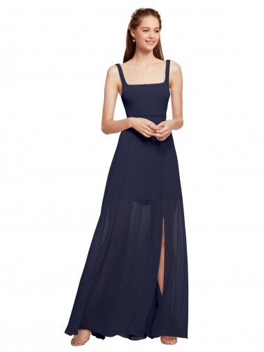 Acheter Bleu marine foncé Trapèze Bretelles spaghetti Col Carré Mousseline Longue Robes demoiselle d'honneur