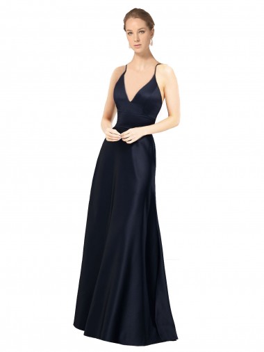 Acheter Bleu marine foncé Trapèze Bretelles spaghetti Col V Satiné Longue Robes demoiselle d'honneur / Robes de bal