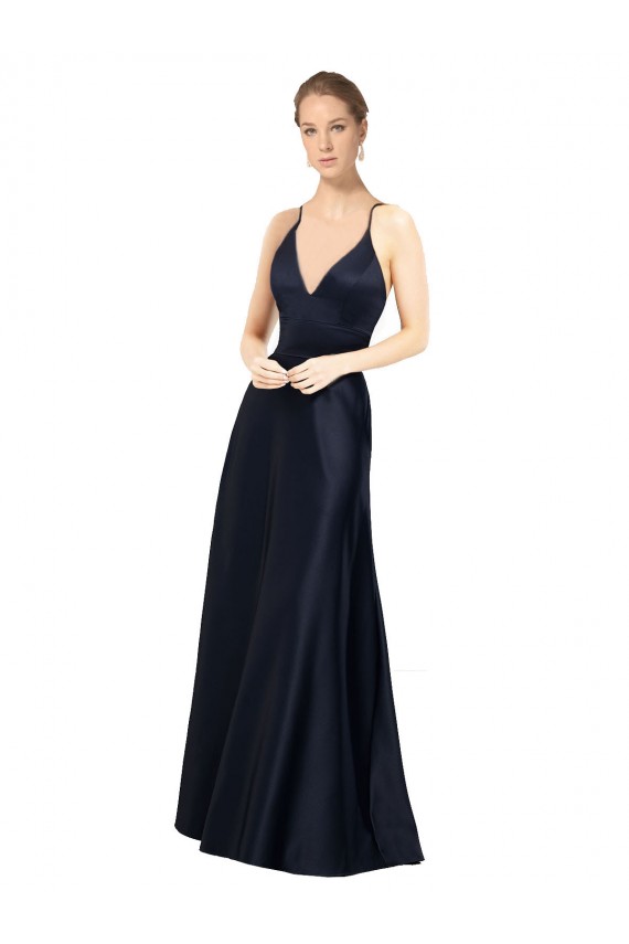 Acheter Bleu marine foncé Trapèze Bretelles spaghetti Col V Satiné Longue Robes demoiselle d'honneur / Robes de bal