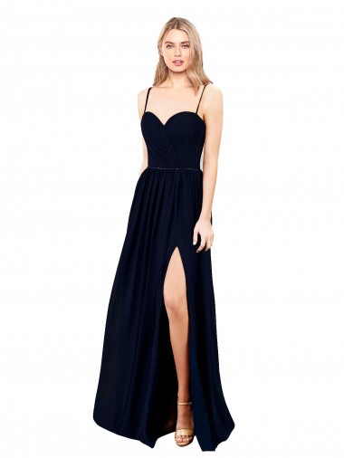 Acheter Bleu marine foncé Trapèze Bretelles spaghetti Mousseline Longue Formelles Robes demoiselle d'honneur / Robes de soirée