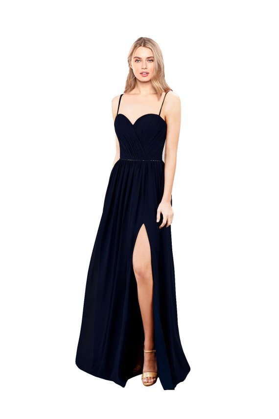 Acheter Bleu marine foncé Trapèze Bretelles spaghetti Mousseline Longue Formelles Robes demoiselle d'honneur / Robes de soirée