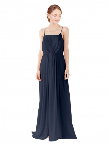 Acheter Bleu marine foncé Trapèze Bretelles spaghetti Mousseline Longue Robes demoiselle d'honneur