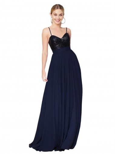 Acheter Bleu marine foncé Trapèze Bretelles spaghetti Mousseline Paillette Longue Robes demoiselle d'honneur / Robes de bal