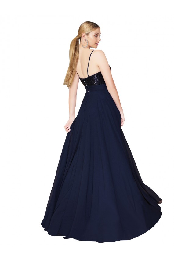 Acheter Bleu marine foncé Trapèze Bretelles spaghetti Mousseline Paillette Longue Robes demoiselle d'honneur / Robes de bal