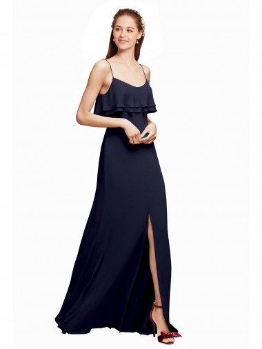 Acheter Bleu marine foncé Trapèze Bretelles spaghetti Scoop Mousseline Longue Robes demoiselle d'honneur