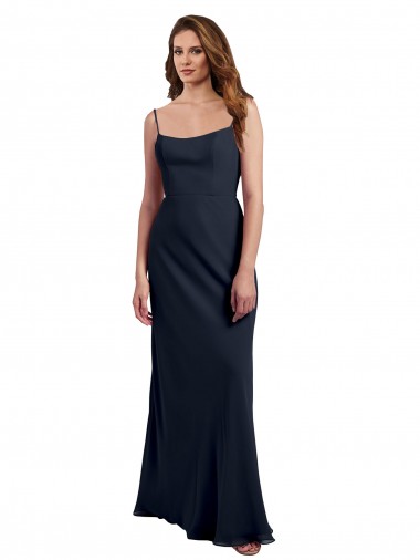 Acheter Bleu marine foncé Trapèze Bretelles spaghetti Scoop Mousseline Longue Robes demoiselle d'honneur