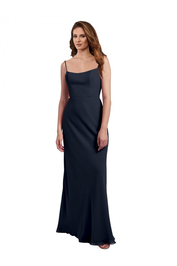 Acheter Bleu marine foncé Trapèze Bretelles spaghetti Scoop Mousseline Longue Robes demoiselle d'honneur