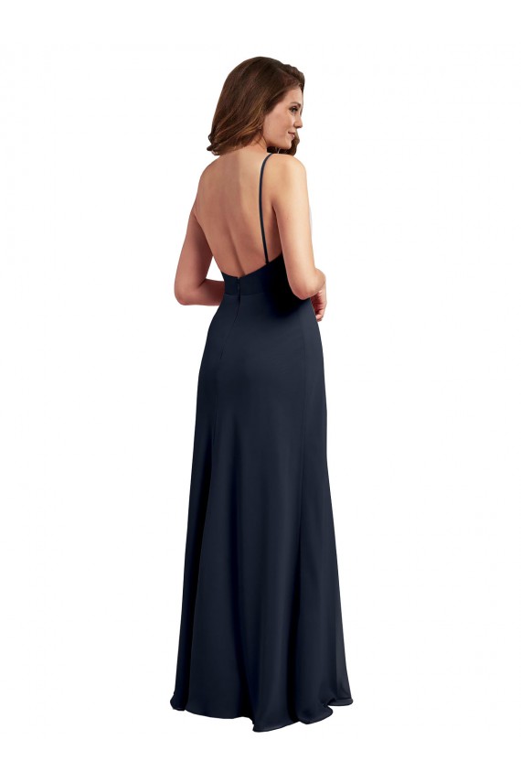 Acheter Bleu marine foncé Trapèze Bretelles spaghetti Scoop Mousseline Longue Robes demoiselle d'honneur