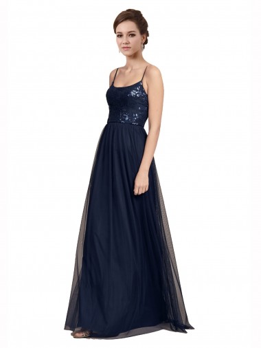Acheter Bleu marine foncé Trapèze Bretelles spaghetti Tulle Dentelle Longue Robes demoiselle d'honneur