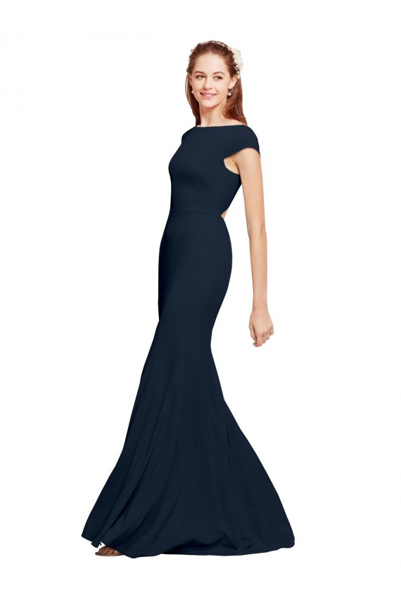 Acheter Bleu marine foncé Trapèze Col Bateau Crêpe Stretch Longue Formelles Robes demoiselle d'honneur / Robes de soirée / Robes de bal