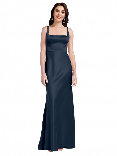 Acheter Bleu marine foncé Trapèze Col Carré Satiné Stretch Longue Formelles Robes demoiselle d'honneur / Robes de soirée / Robes de bal