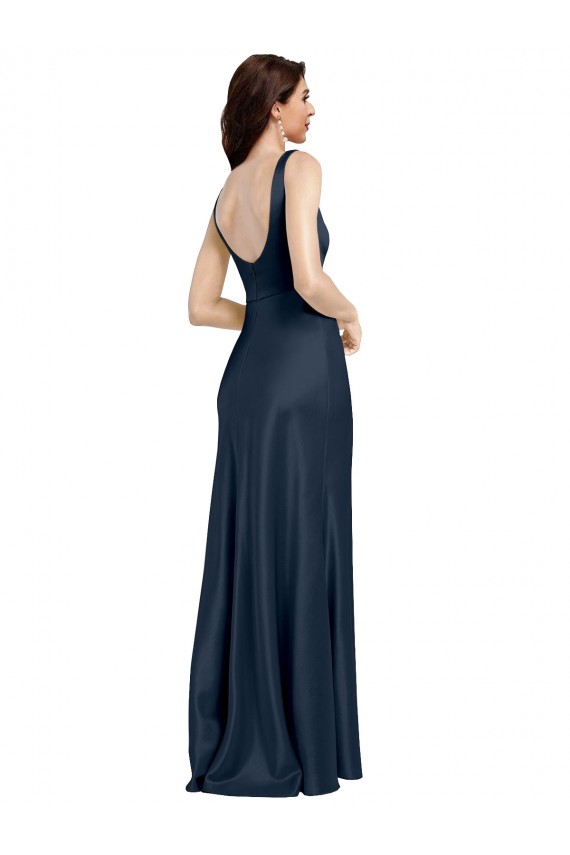 Acheter Bleu marine foncé Trapèze Col Carré Satiné Stretch Longue Formelles Robes demoiselle d'honneur / Robes de soirée / Robes de bal