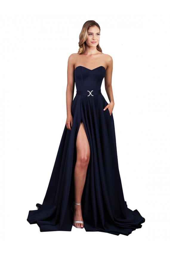 Acheter Bleu marine foncé Trapèze Col Haut Crêpe Stretch Longue Formelles Robes demoiselle d'honneur / Robes de soirée / Robes de bal