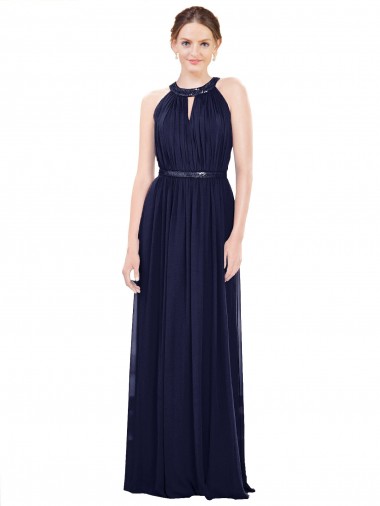 Acheter Bleu marine foncé Trapèze Col Haut Mousseline Longue Robes demoiselle d'honneur