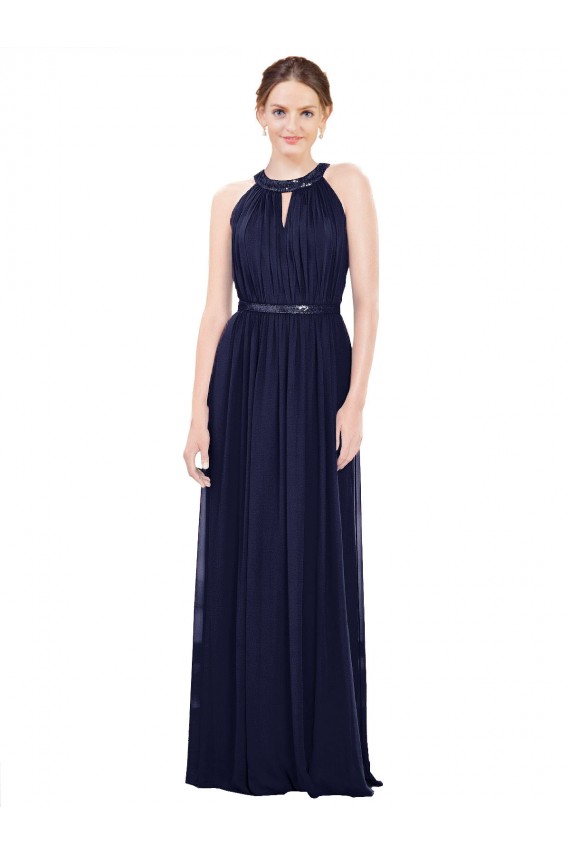 Acheter Bleu marine foncé Trapèze Col Haut Mousseline Longue Robes demoiselle d'honneur