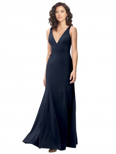 Acheter Bleu marine foncé Trapèze Col V Crêpe Stretch Longue Formelles Robes demoiselle d'honneur / Robes de soirée / Robes de bal
