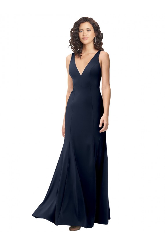 Acheter Bleu marine foncé Trapèze Col V Crêpe Stretch Longue Formelles Robes demoiselle d'honneur / Robes de soirée / Robes de bal