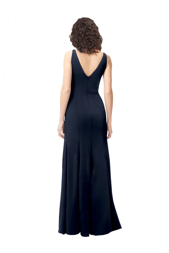 Acheter Bleu marine foncé Trapèze Col V Crêpe Stretch Longue Formelles Robes demoiselle d'honneur / Robes de soirée / Robes de bal