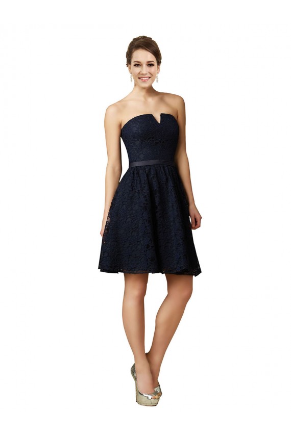 Acheter Bleu marine foncé Trapèze Col V Dentelle Courte Robes demoiselle d'honneur / Robes de cocktail