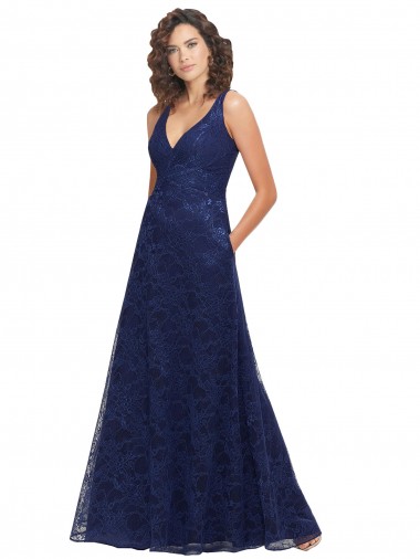 Acheter Bleu marine foncé Trapèze Col V Dentelle Longue Robes demoiselle d'honneur
