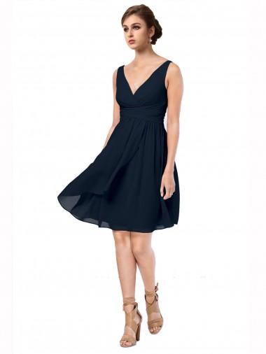 Acheter Bleu marine foncé Trapèze Col V Mousseline Courte Robes demoiselle d'honneur / Robes de cocktail