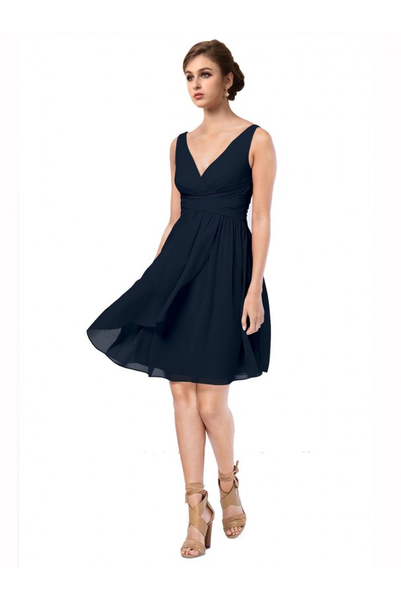 Acheter Bleu marine foncé Trapèze Col V Mousseline Courte Robes demoiselle d'honneur / Robes de cocktail
