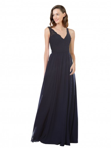 Acheter Bleu marine foncé Trapèze Col V Mousseline Dentelle Longue Robes demoiselle d'honneur