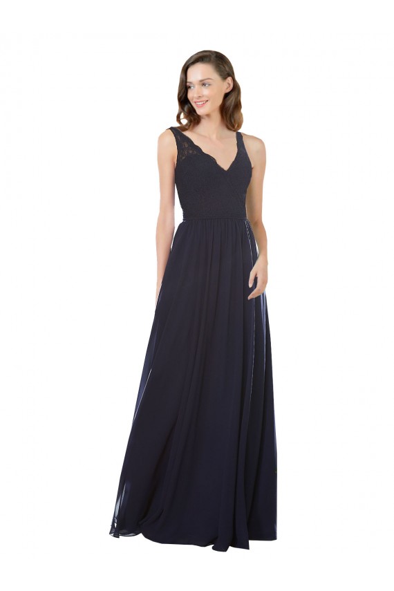 Acheter Bleu marine foncé Trapèze Col V Mousseline Dentelle Longue Robes demoiselle d'honneur