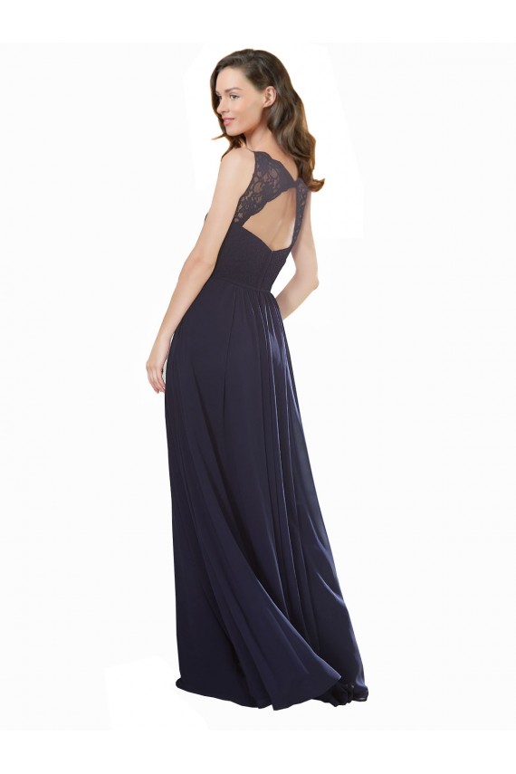 Acheter Bleu marine foncé Trapèze Col V Mousseline Dentelle Longue Robes demoiselle d'honneur
