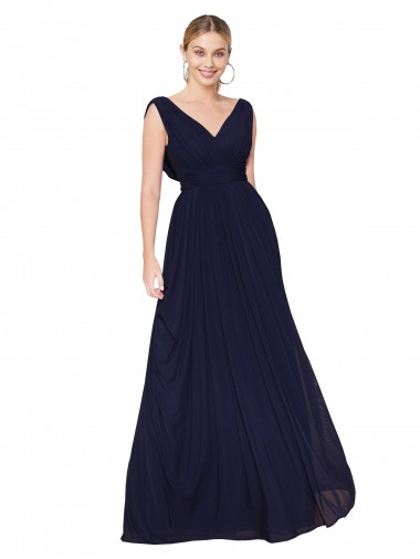 Acheter Bleu marine foncé Trapèze Col V Mousseline Longue Formelles Robes demoiselle d'honneur / Robes de soirée / Robes de bal