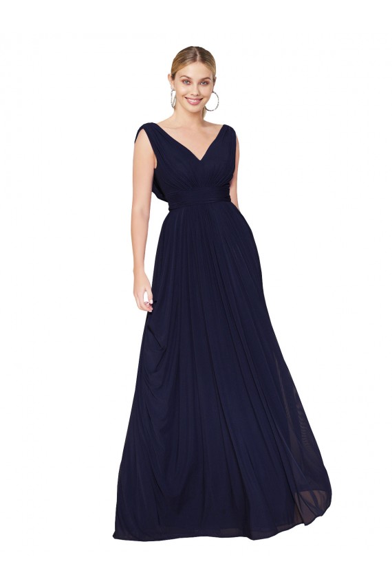 Acheter Bleu marine foncé Trapèze Col V Mousseline Longue Formelles Robes demoiselle d'honneur / Robes de soirée / Robes de bal