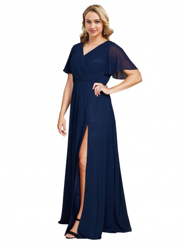 Acheter Bleu marine foncé Trapèze Col V Mousseline Longue Formelles Robes demoiselle d'honneur / Robes de soirée / Robes de bal