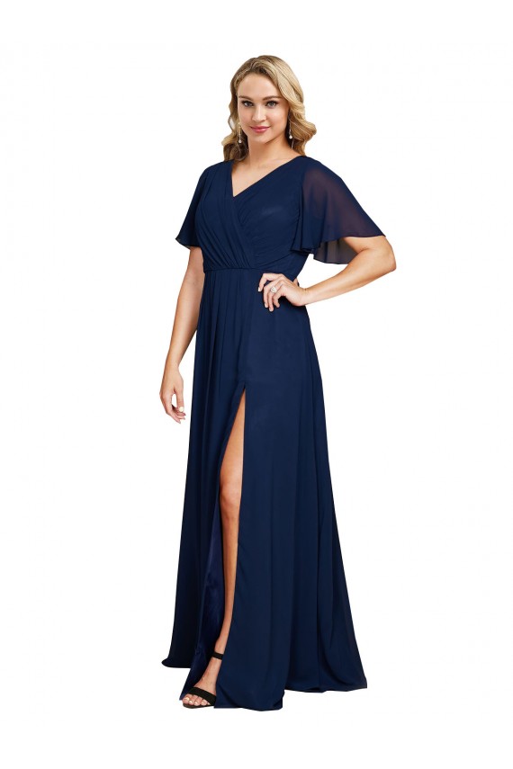 Acheter Bleu marine foncé Trapèze Col V Mousseline Longue Formelles Robes demoiselle d'honneur / Robes de soirée / Robes de bal
