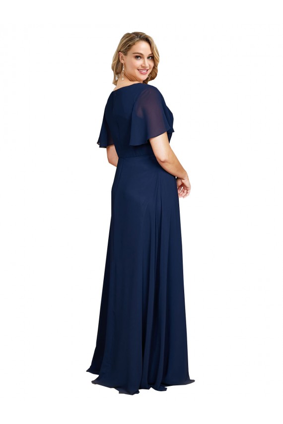 Acheter Bleu marine foncé Trapèze Col V Mousseline Longue Formelles Robes demoiselle d'honneur / Robes de soirée / Robes de bal